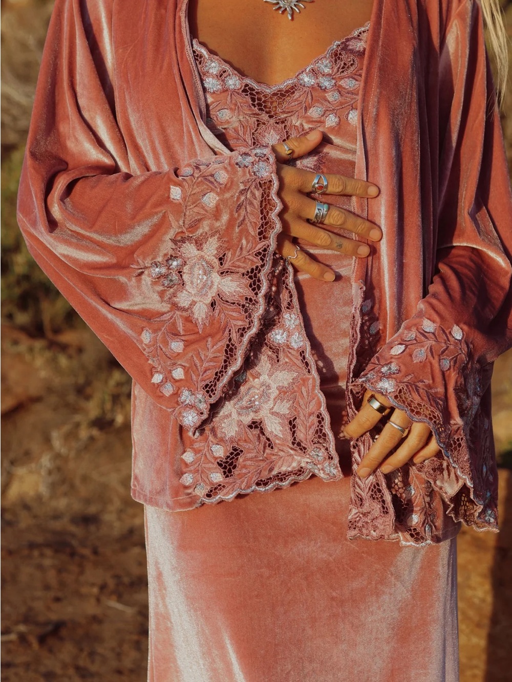 Women's Pink Silk Velvet Dress with Pink and Silver Embroidered Top - Picture 7 of 10